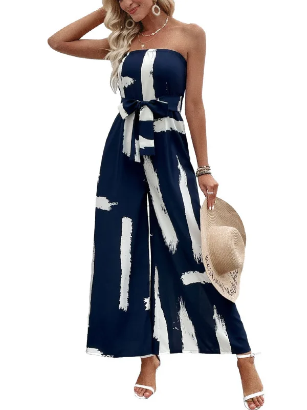 Tuta estiva con stampa senza spalline Costume da bagno da donna con gamba larga e top a tubo Street Sle Pantaloni lunghi a vita media