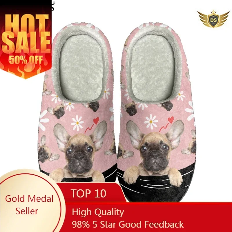 

French Bulldog Print Women Men Plush Slippers Lightweight Winter Comfort Flat Floor Silent Slides For Pets Lovers