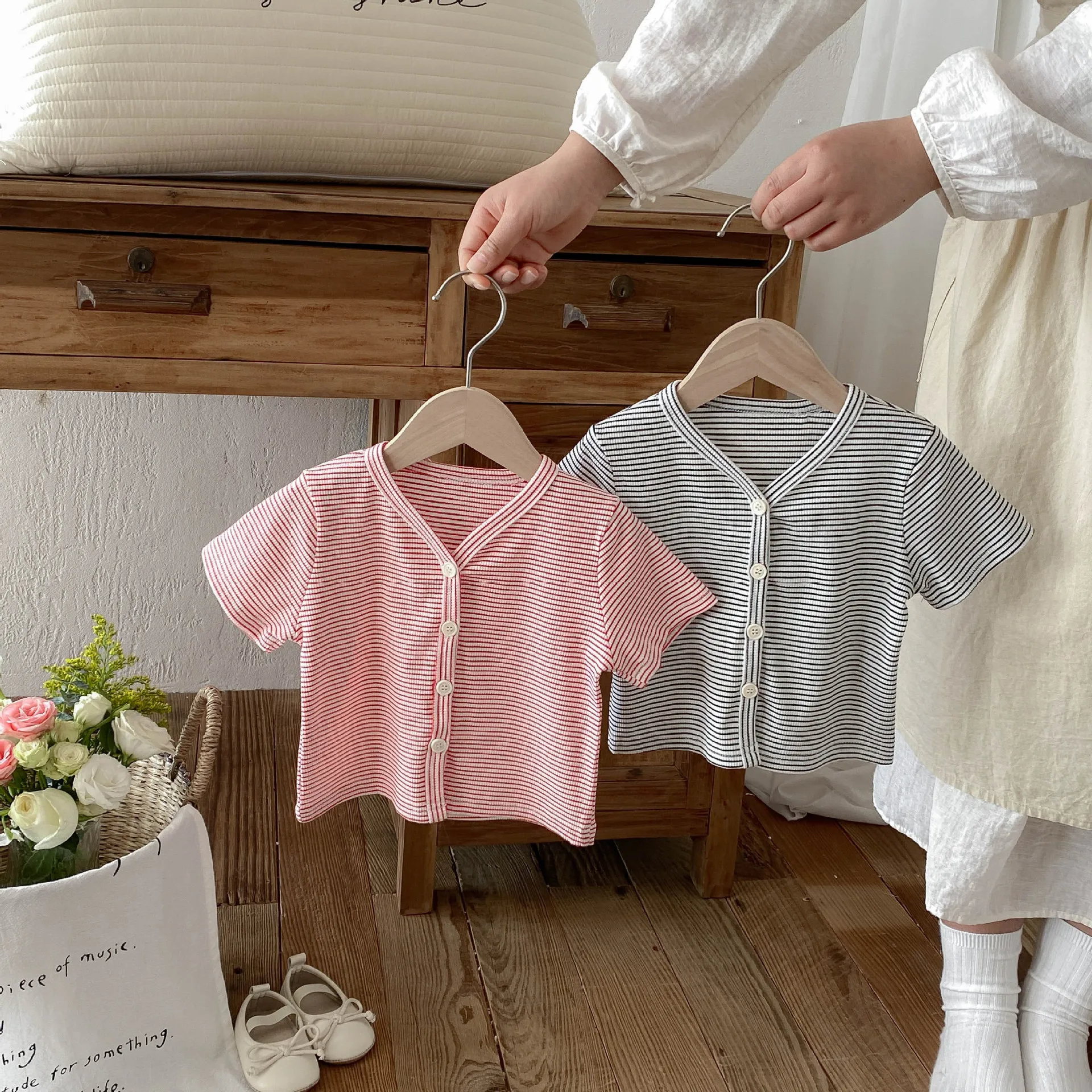 2026 Summer New Baby Short Sleeve Coat Cotton Children Striped Cardigan Infant Toddler Casual T Shirts Baby Girl Loose Tops