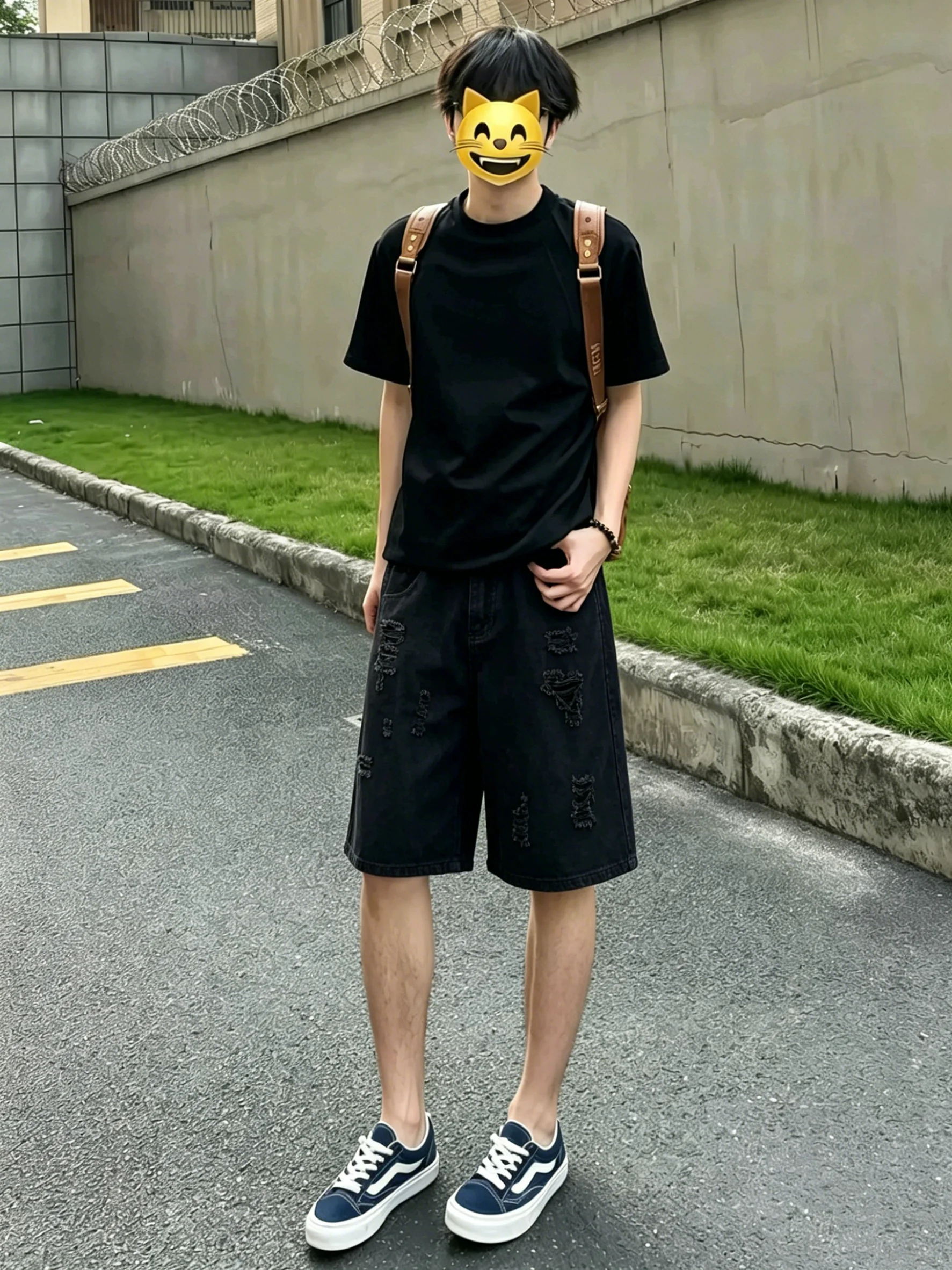 Light Blue Washed Ripped Denim Shorts Men's Summer American Vintage Poor Man's Straight Five Half-length Pants