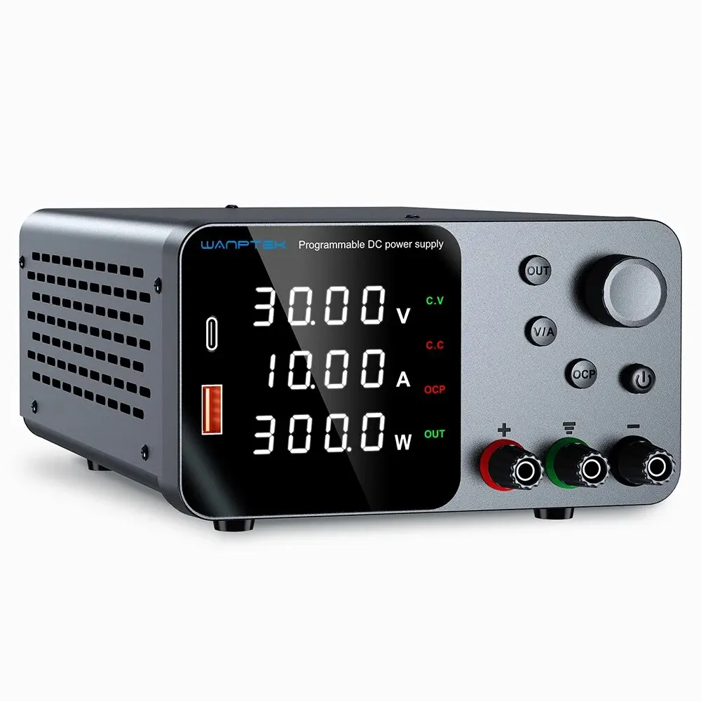 30V 10A DC Power Supply with USB-A/Type-C Connector for Fast Charging 4-digit LED Precision Display with Encoder Control