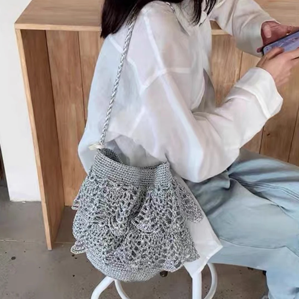 Fashion Hem Bucket Bags for Women Shoulder Bag Gold Thread Crochet Women's Bag NEW Ruched Knitting Crossbody Bags NEW Purses