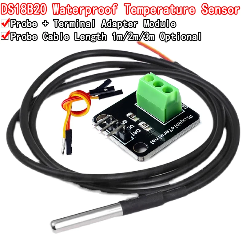 DS18B20 zestaw modułu czujnika temperatury wodoodporny 100CM cyfrowy kabel czujnika sonda ze stali nierdzewnej Adapter terminala dla Arduino