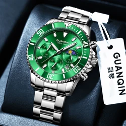 Guanqin 2024 New Men Quartz Watch  Fashion Green Watch Men's Waterproof Stainless Steel Watch Men Multifunctional Luminous Clock