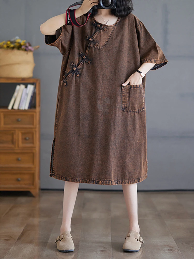 Amax luluE Chinese Spring Womens Vintage Denim Oversized Dresses Loose Casual Luxury O Neck Vestidos Ladies Classic Long Clothes