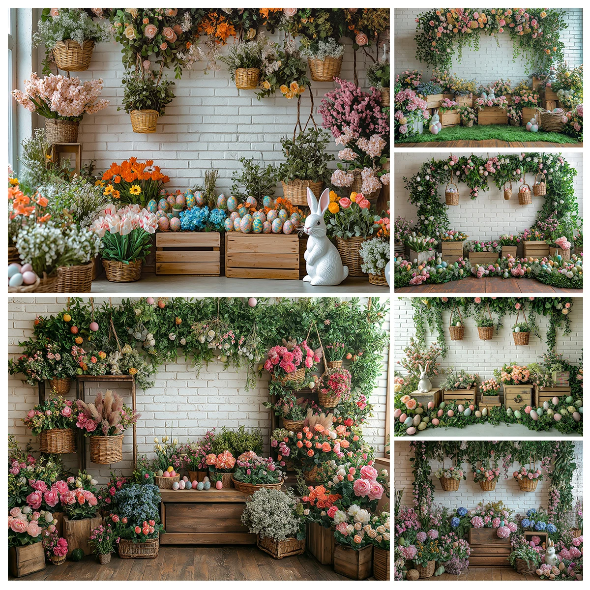 

Spring Easter Backdrop With Wisteria And Flowers Kids Baby Cake Smash Birthday Photography Props White Brick Wall Backgrounds