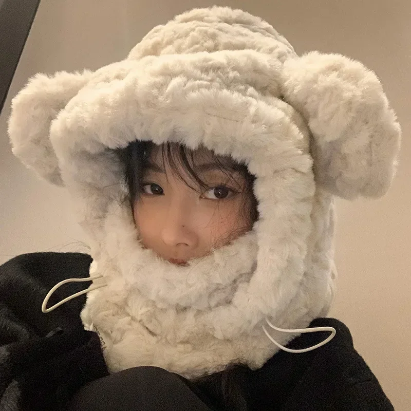 Cute Plush Bear Ears Ear Protection Women\'s Hats Winter Thickened Velvet Ski Cold Proof Neck Protection Warm Bomber Caps for Men