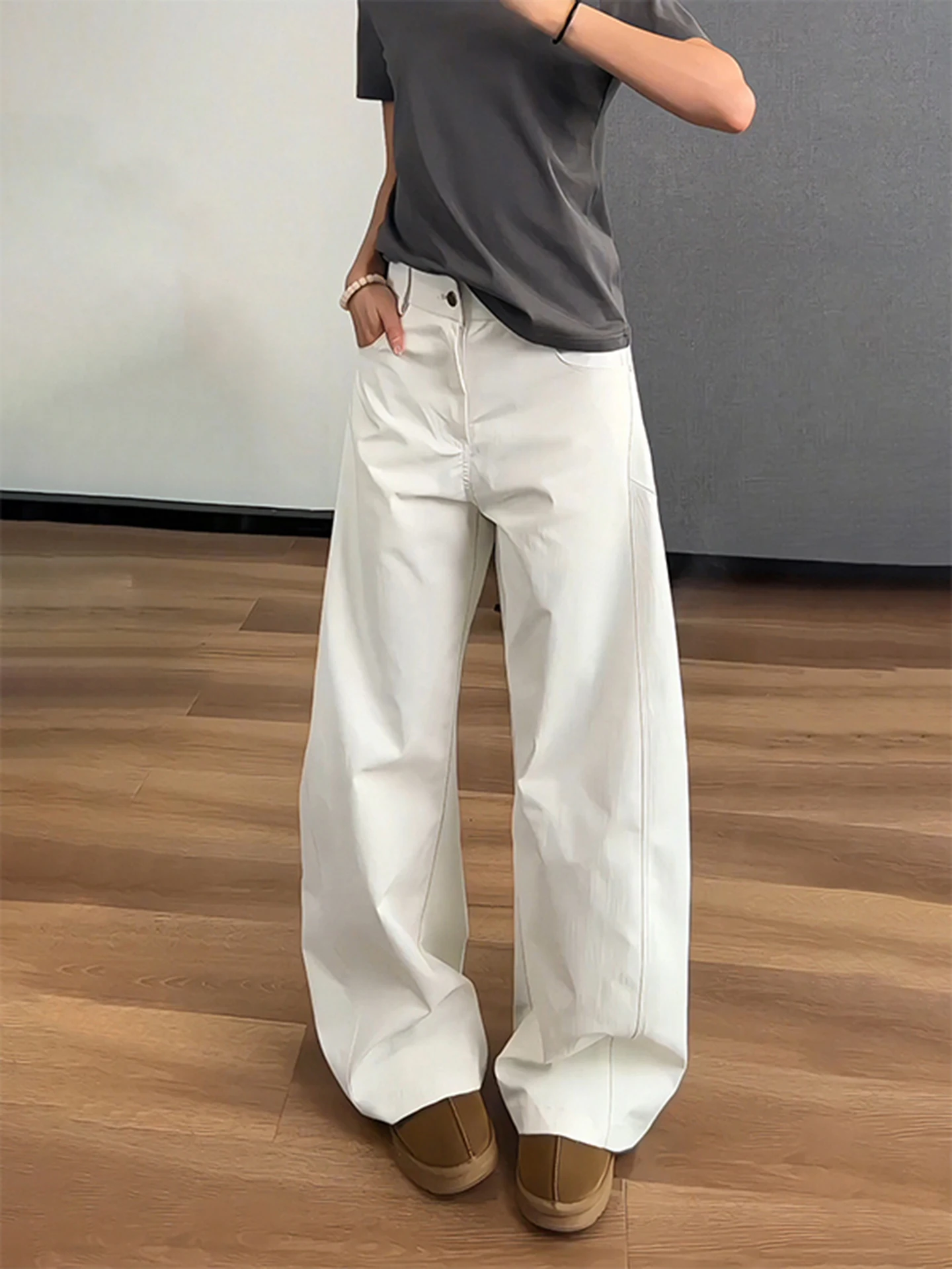 

White Ice Silk Men's Summer Thin Qui Dry Loose Wide Leg Casual Pants Straight Cut Workwear Trousers Breathable Comfortable
