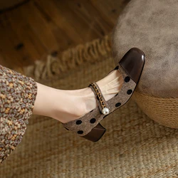 2022 New Mary Jane Women Shoes LEISURE Retro Buckle Shallow Pumps Square Toe Thick Heel Shoes Woman Zapatos De Mujer Spot Pearl