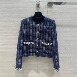 Fashion Design Blue Plaid Woven Tweed Jacket Women O-neck Long Sleeve Single Breasted Twist Pockets Vintage Coat