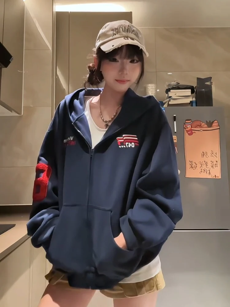 Schwere bestickte Kapuzen-Opencardigan-Sweatshirt Damen Frühling Herbst Sport Reißverschluss Jaet Street Sle Retro American Trendy