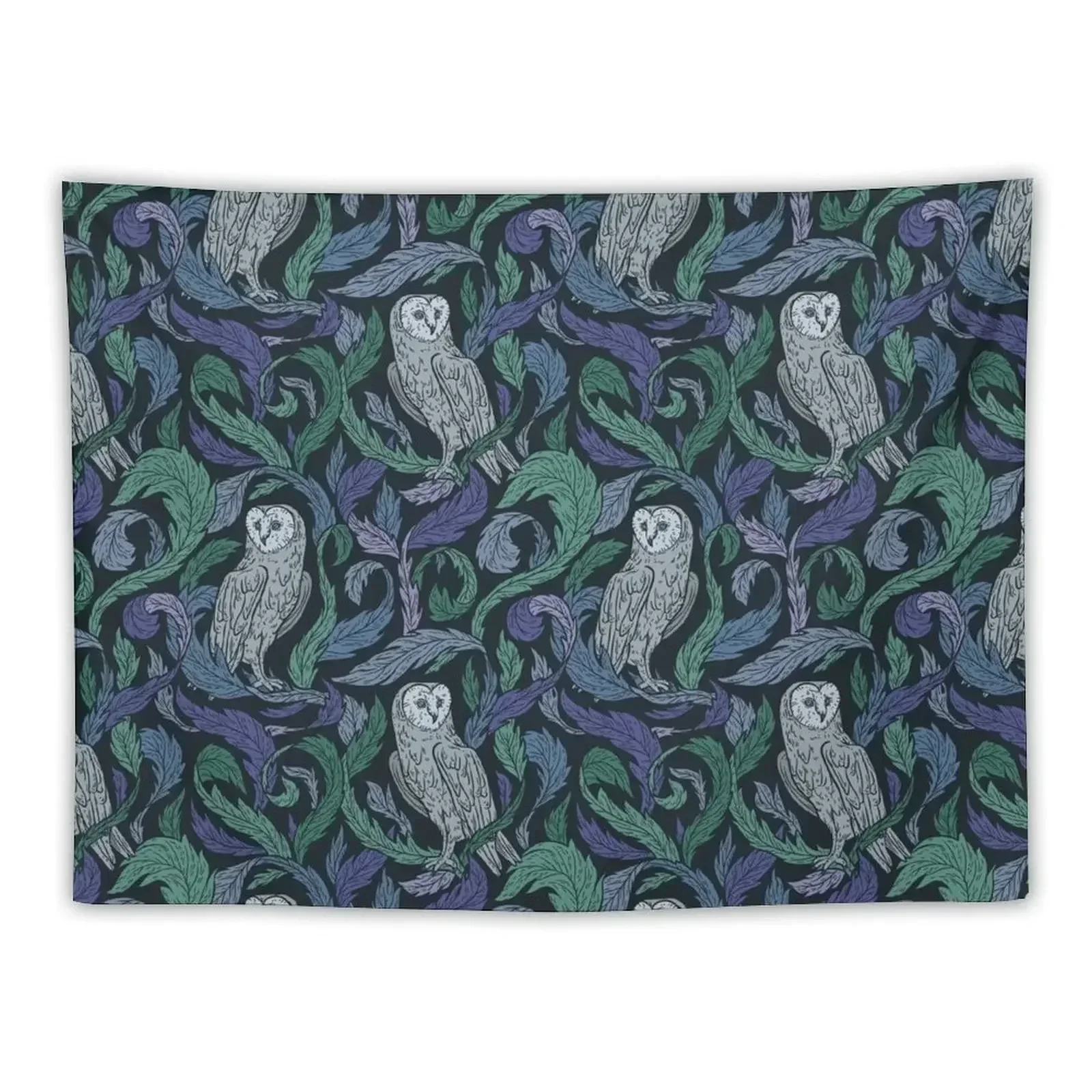 

Cottagecore Blue Mystical Owls with Feathers Purple Green Folk Art Tapestry Wall Decor Hanging Bathroom Decor Tapestry