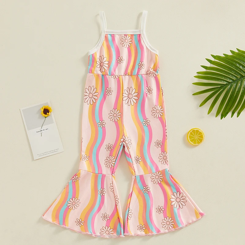 

Girls Sleeveless Floral Print Striped Jumpsuit with Flare Hem Perfect for Summer Casual Wear and Playtime