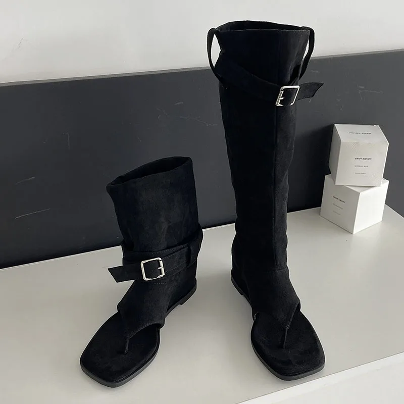 Western Women Knee High Boots 2024 New Footwear Buckle Female Fashion Height Increasing Ladies Sandals Boots Flip Flops Shoes