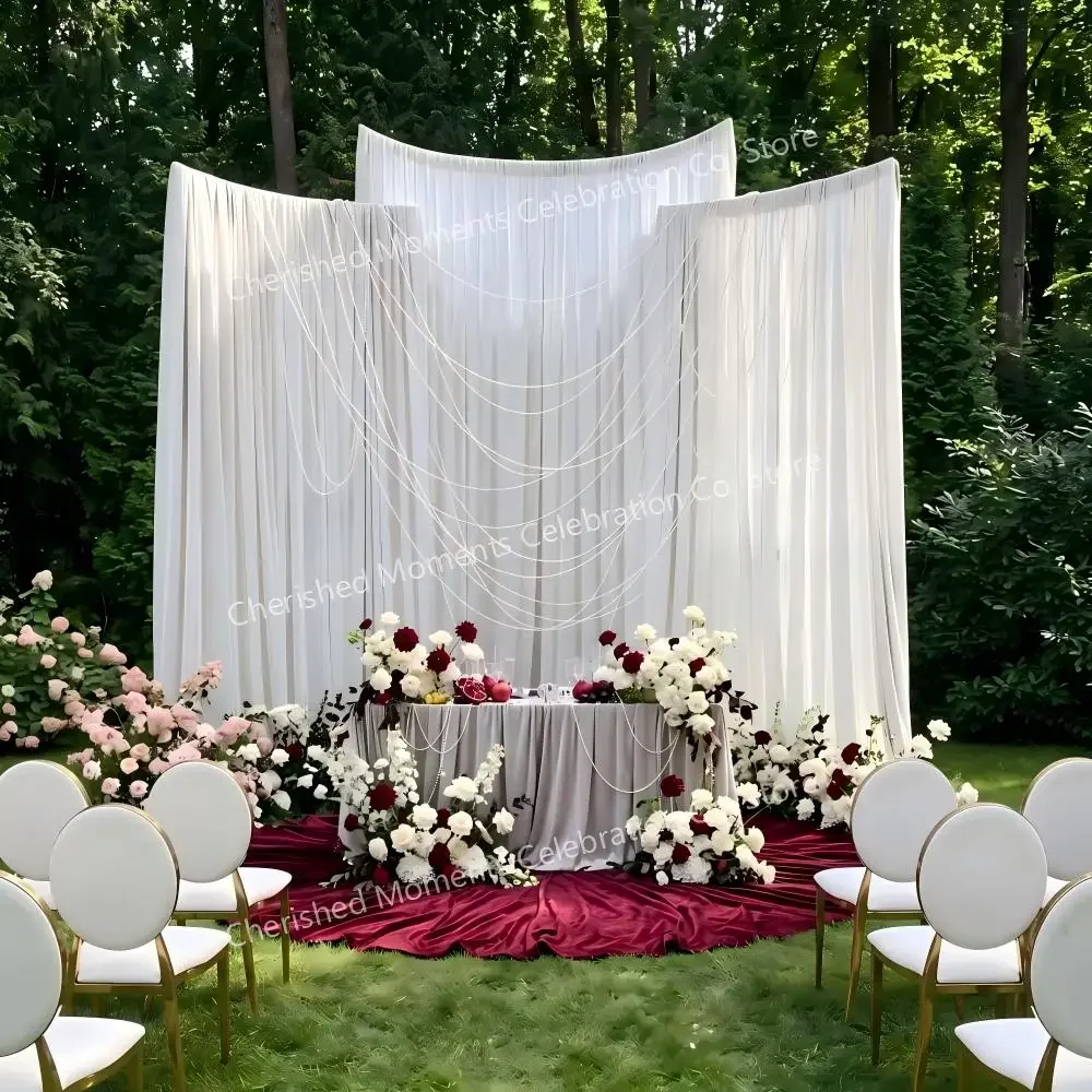 3Pcs Set Curved Metal Wedding Arch Backdrop Stand White Floral Frame Chiffon Drape Screen for Outdoor Ceremony Stage Party Photo