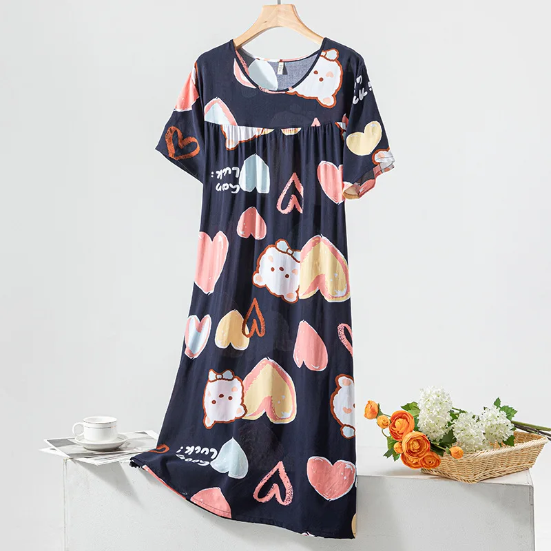 Loose Women Lingere Nightgown Loose Female Nightdress Summer Thin Short Sleeve Night Gown Cartoon Home Dress Sexy Sleepwear