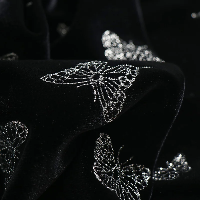 Butterfly Bronzing Golden Velvet Fabric Autumn Winter Women's Clothing Ethnic Style Black Dress Suit Handmade DIY Fabric