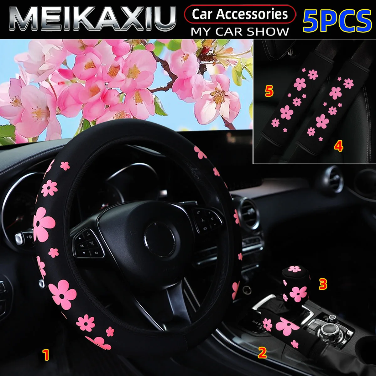 5 Stück Schaumstoffblumen 3D Stoff Auto Lenkradbezug Schulterpolster Handbremsenabdeckung Schalthebelabdeckung Damen Auto-Zubehör