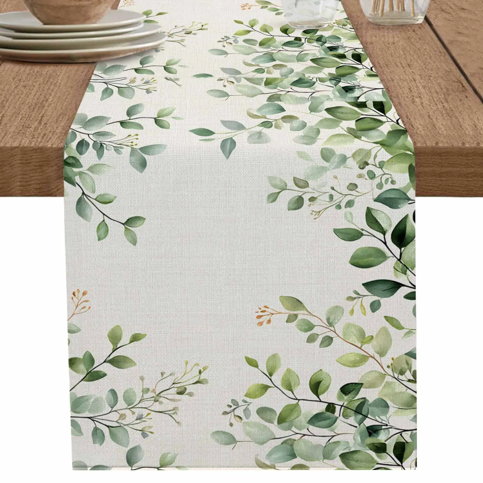

Eucalyptus Leaf Linen Sole Table Runner Cotton Linen Wedding Dinner Decor Table Flag Holiday Home Tea Table Decoration