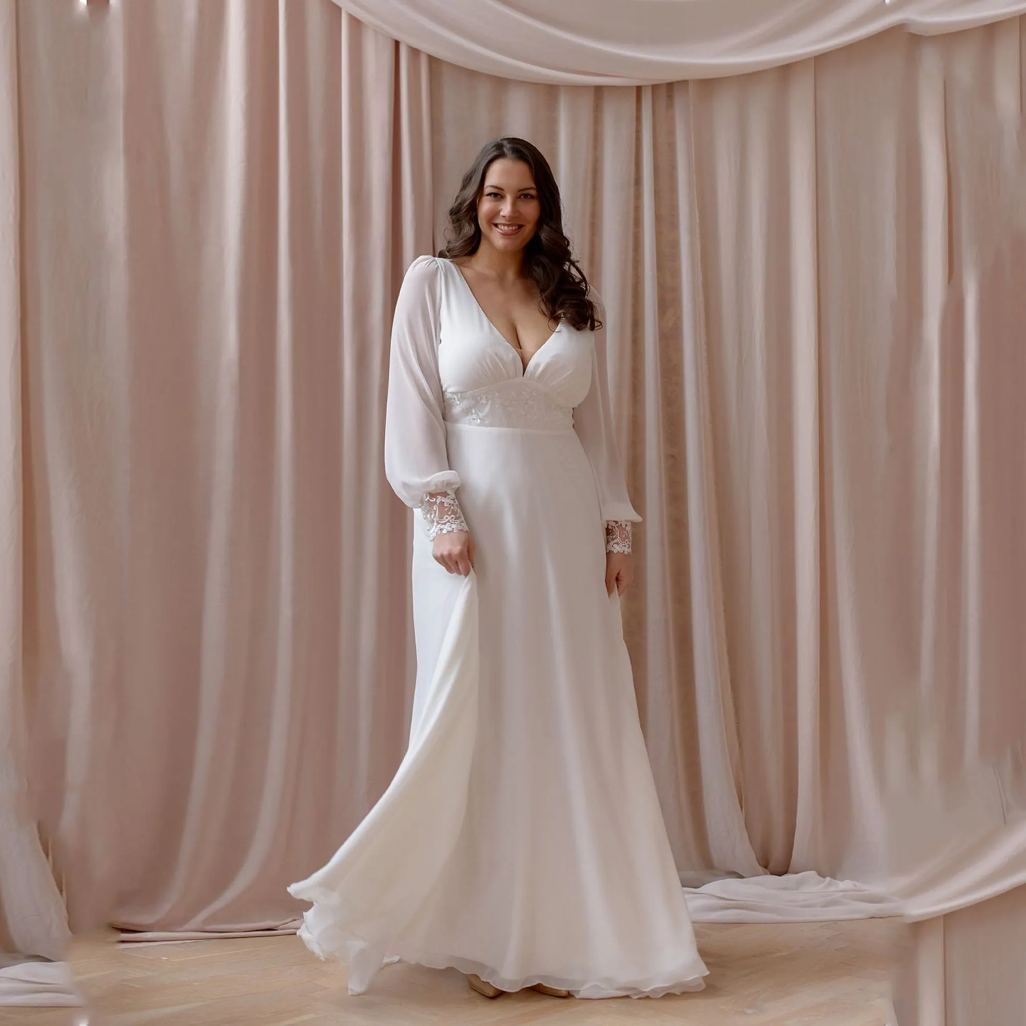 

Civil Chiffon Wedding Dresses Plus Size Women Puff Sleeve V-Neck Lace Backless Bride Gowns A Line vestidos de noiva Customized