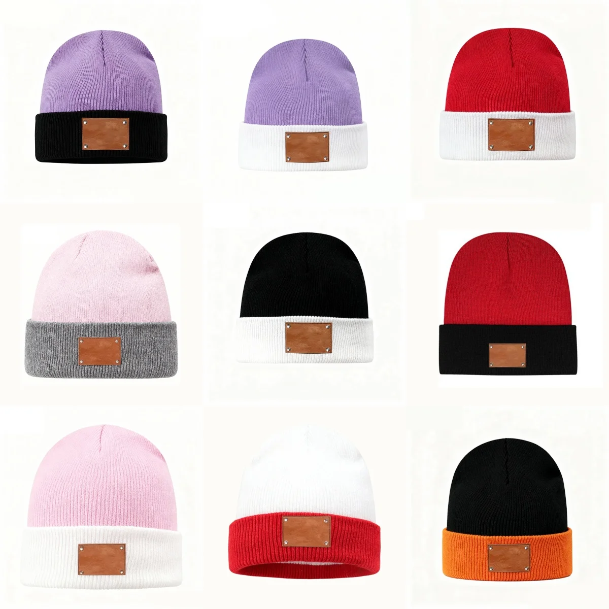 10 Pieces Winter Knitted Hat With Laser-engraved Leather Outdoor flap Solid color Ski Pullover Cold Cap