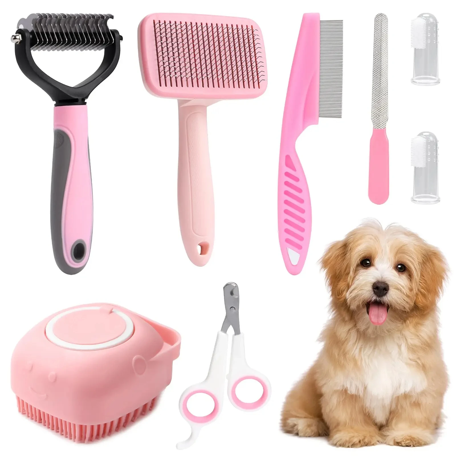 8pcs Dog Grooming Tools, With Pet Nail Clippers And File, Flea Comb, Pet Shampoo Bath Brush, Pet Brush, Silicone Toothbrush