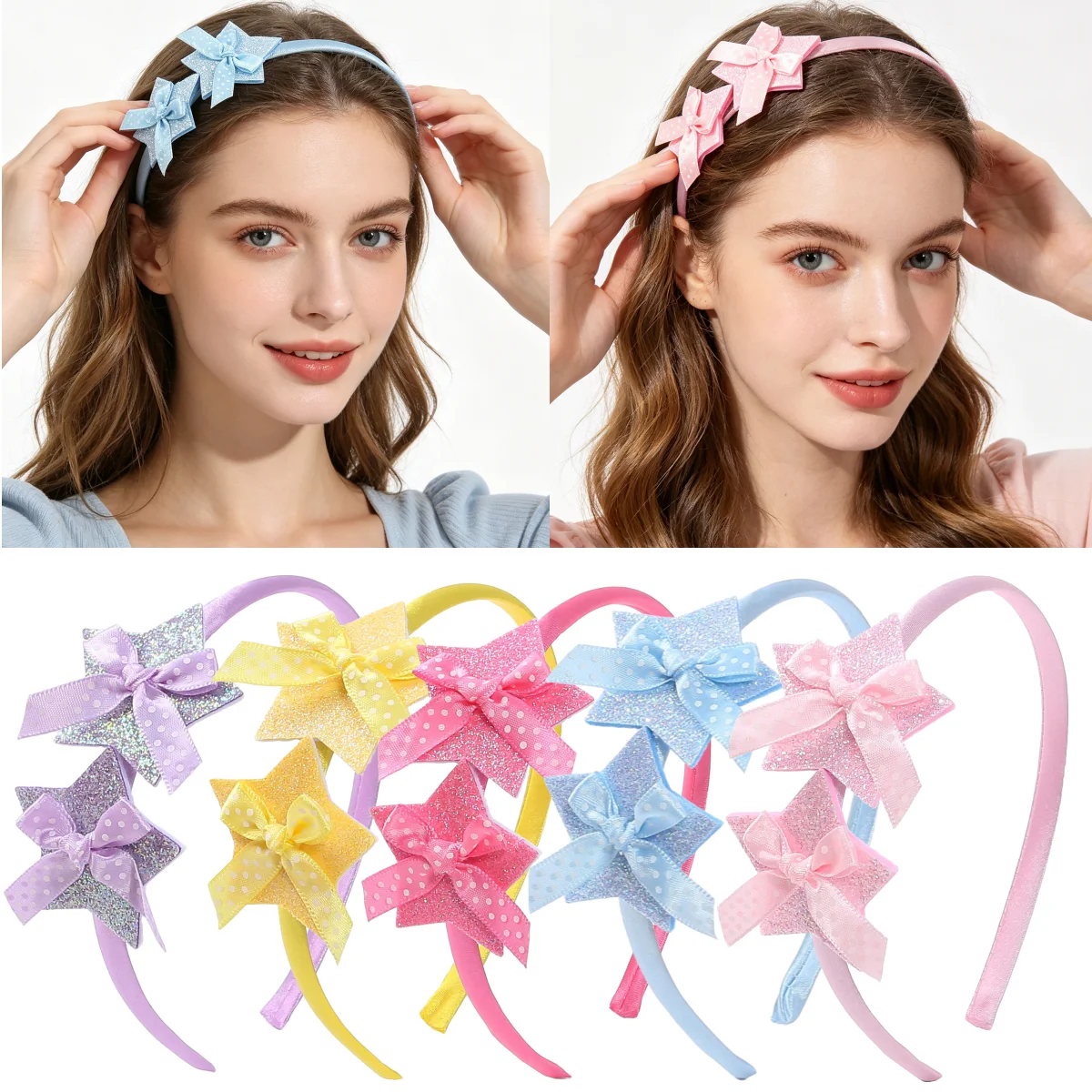 5 bandeaux étoiles scintillantes de 5 cm pour femmes et filles, bandeaux en satin, styles Y2K, nœuds à pois, accessoires pour cheveux