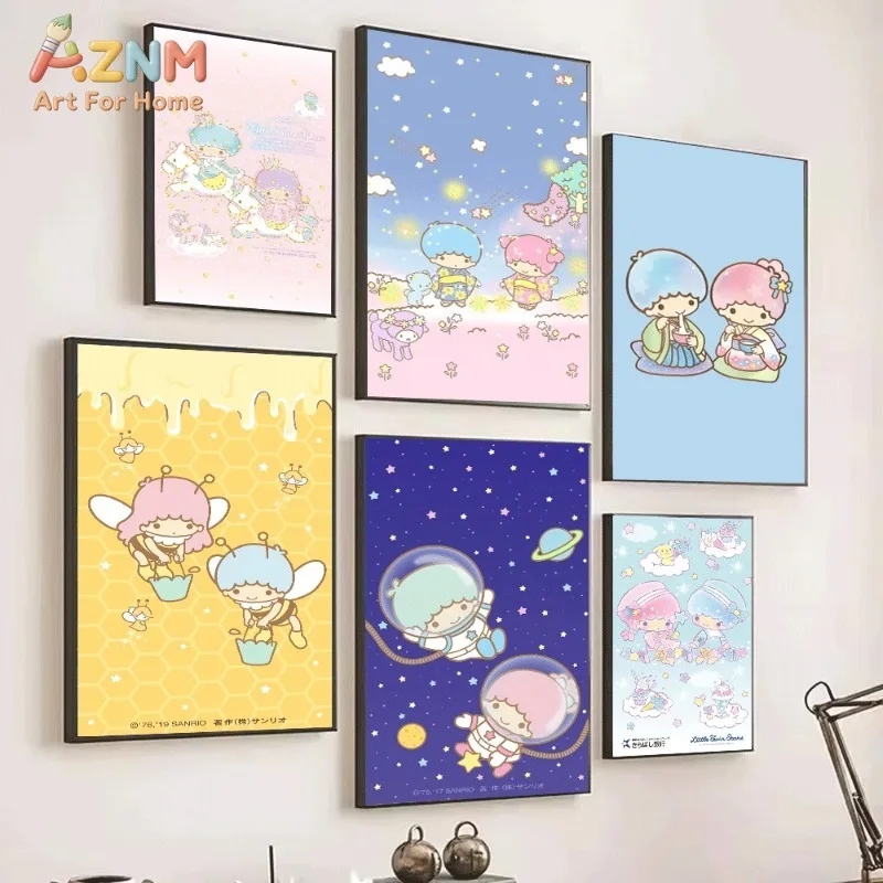 Little Twin Stars Canvas Wall Art Sanrio Kawaii Cartoon Poster Unframed Canvas Painting For Girls Bedroom Cute Wall Decor Kids