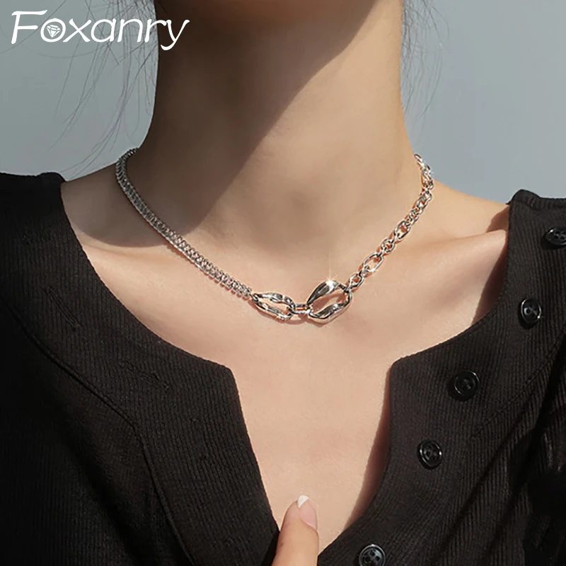 Foxanry Minimalist Silver Color Clavicle Chain Zircons Necklace for Women Fashion Creative Hollow Cross Geometric Party Jewelry