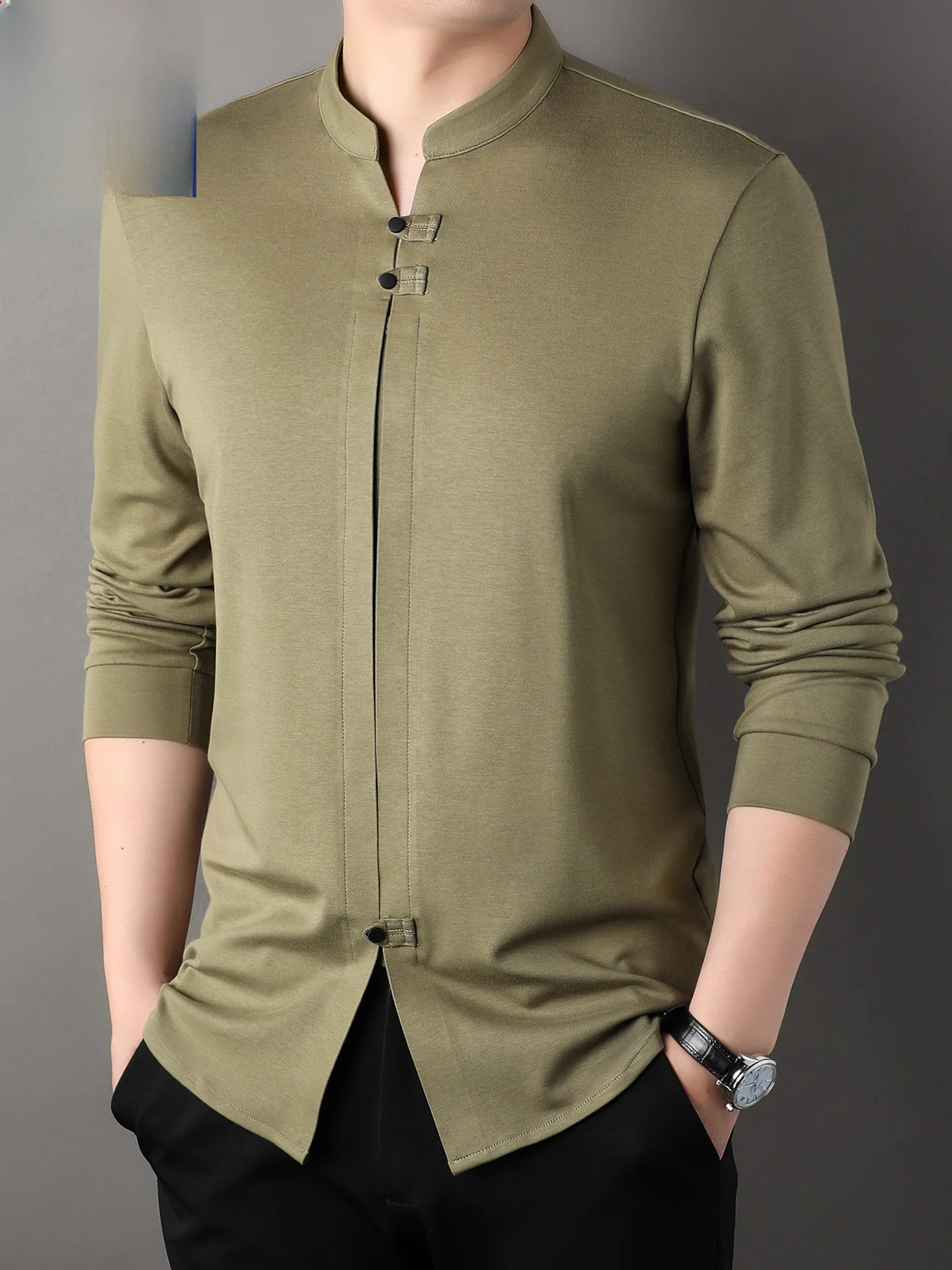 

Мужская хлопковая повседневная рубашка с воротником-стойкой на пуговицах, базовый слой, модная городская одежда для весны и осени