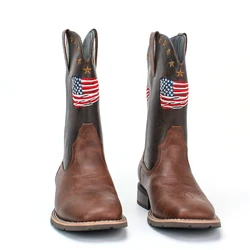 Men's Plaid Square Toe Low Heel Easiest for Match National Flag Slip-on Outdoor Cowboy Boots