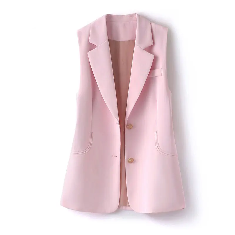 Women Pink Vest Spring Autumn Office Lady Turn Down Collar Single Breasted Pocket Suit Vests Female Sleeveless Blazer Tops