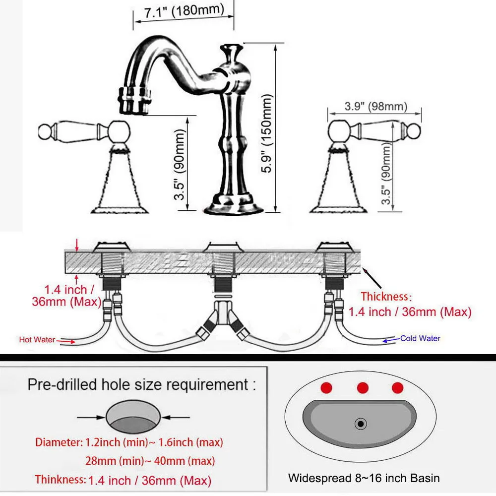 Basin Faucet Brushed Nickel Bathroom Sink Faucet 3 Hole Widespread  Basin Mixer Hot And Cold Water Tap New Nnf686