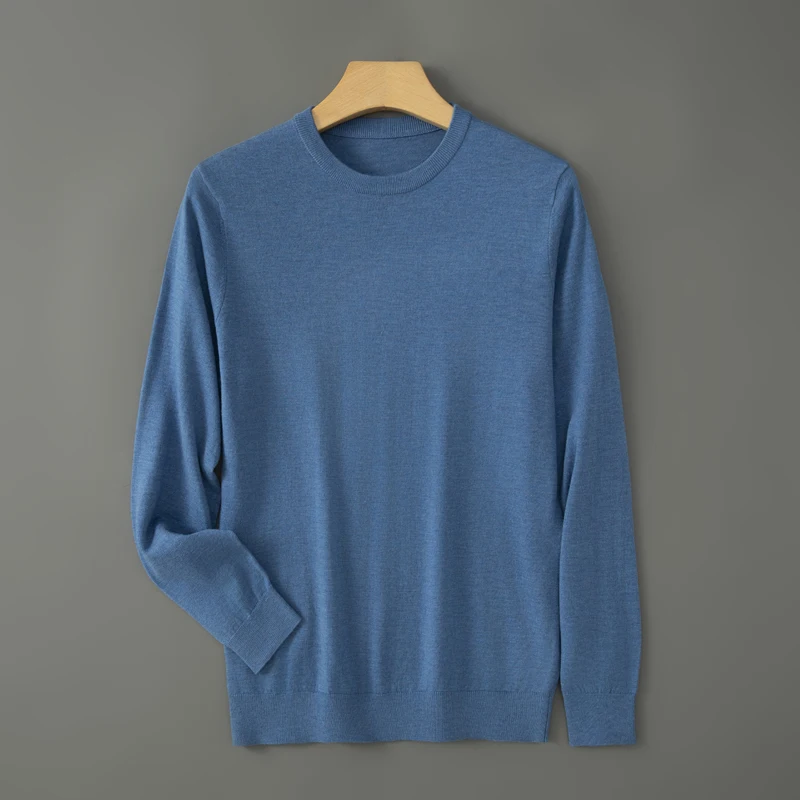 Autumn and winter new high-end thin luxury 100% pure wool solid color men's round neck sweater knitted bottoming shirt