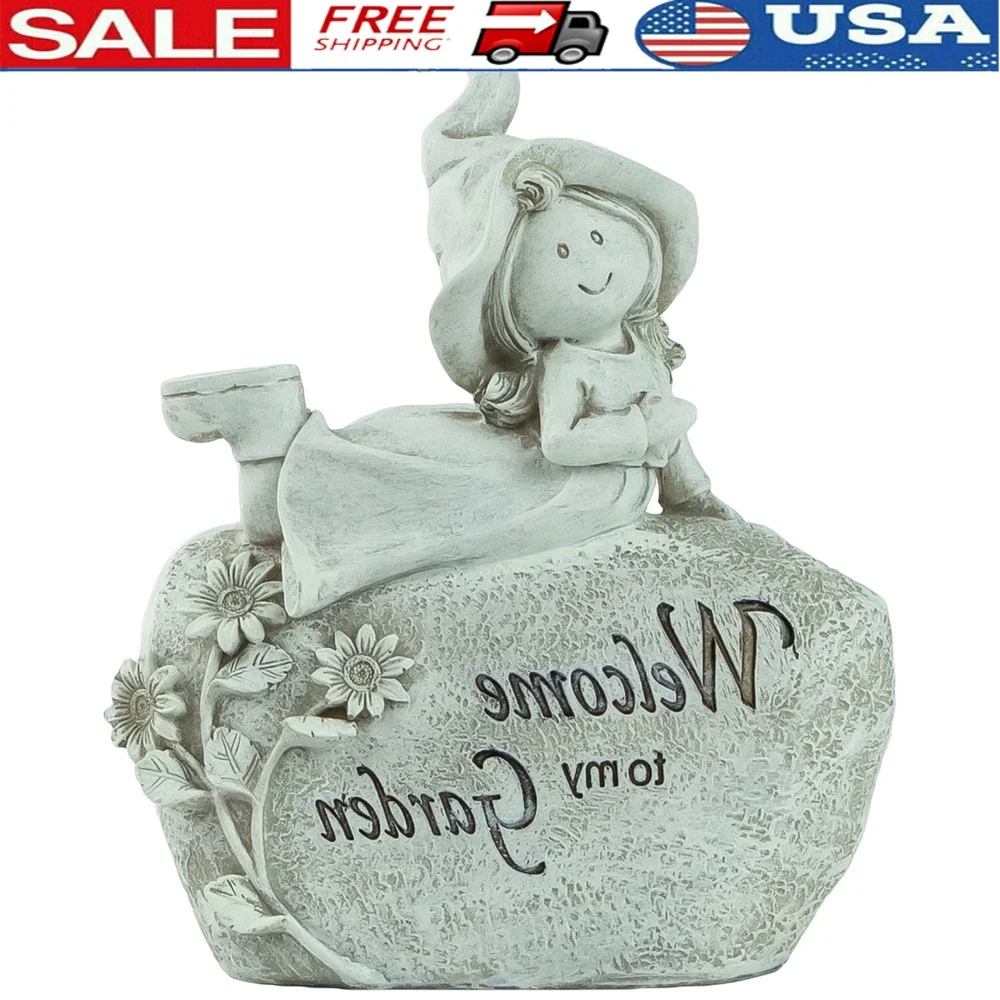 

Outdoor Garden Statue Girl on Rock Welcome to My Garden Decor Polyresin Patio Decoration Daisies Outdoor Use 8.75 Inch Height