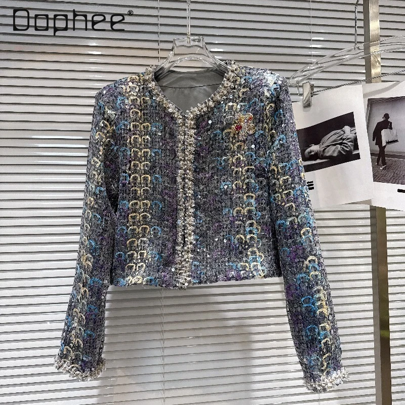 

2026 Spring New High-end Celebrity Beads Sequin Woven Tweed Short Coat Women Commuter Style Fashion Loose Slim Short Coat