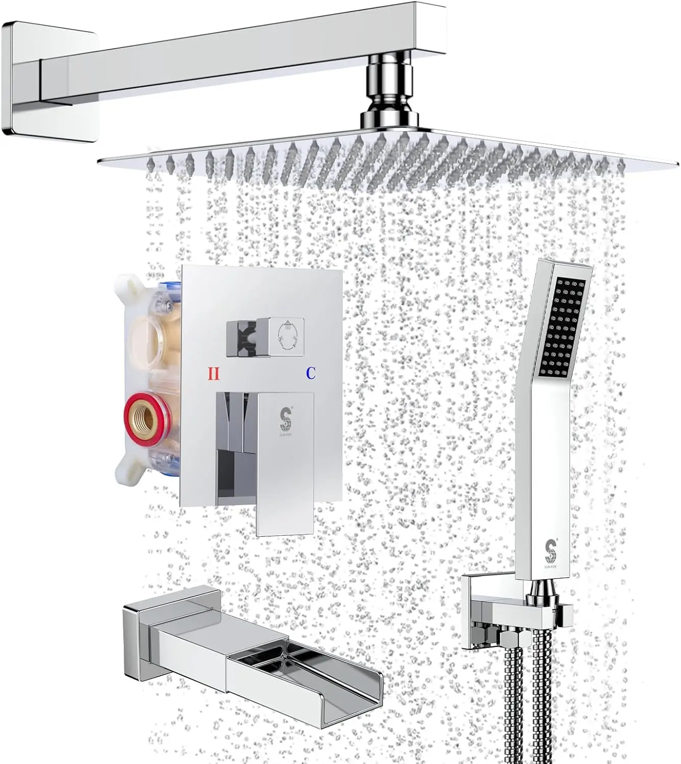 12 Inches All Metal Square Shower System with Tub Spout Tub Shower Faucet Set High Pressure Rain Shower Head