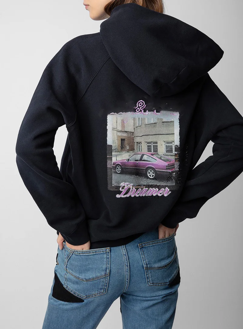 Fioletowa bluza z kapturem Car Letter dla kobiet Raglan Sleeve Diamond Wings Pocket Pullover Fleece Sweatshirt Luxury Chic Y2k Tops