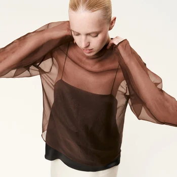 Linad Brown Mesh O-Neck Blouse 4 Linad Elegant Brown Mesh O Neck Blouse Women 2025 Sexy Apricot Sheer Shirt Female Autumn Street Chic Loose Long Sleeve Tops New 4