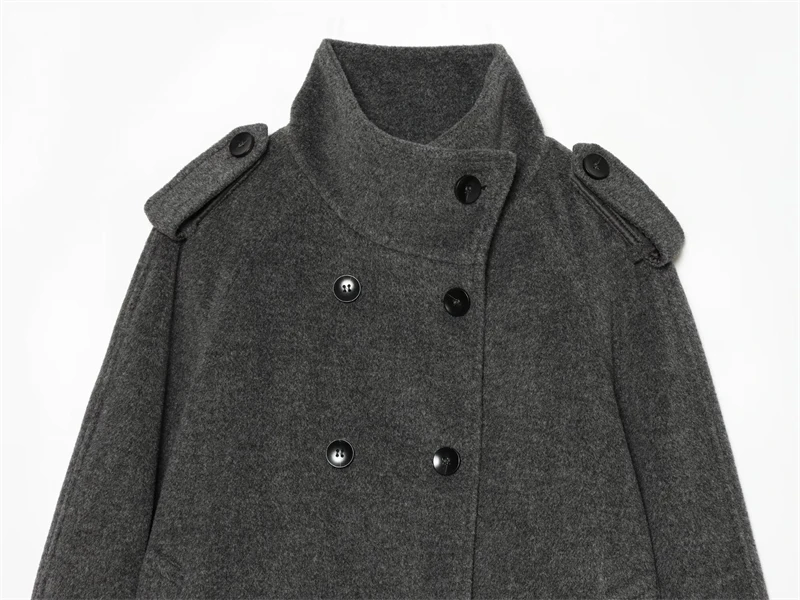 Guobioziy 2026 Autumn Stand Collar Short Coat French Vintage Style Button Front Decoration Shoulder Strap Detail Relaxed Popular