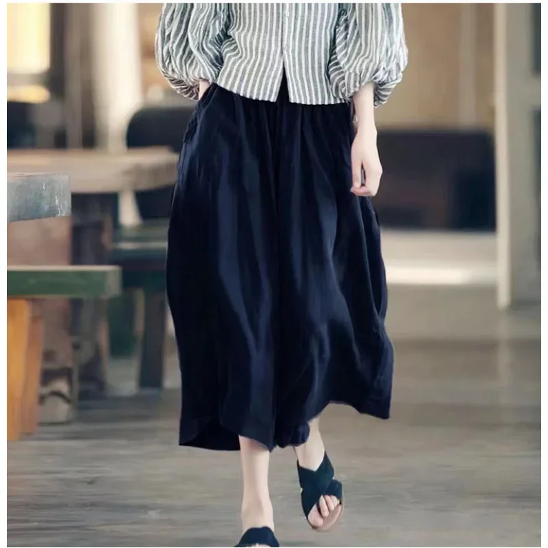 Linen Wide-leg Pants Women Summer Cropped Pants Culottes Simple High Quality All-match Loose Fit Commuting Trousers Grey Capris