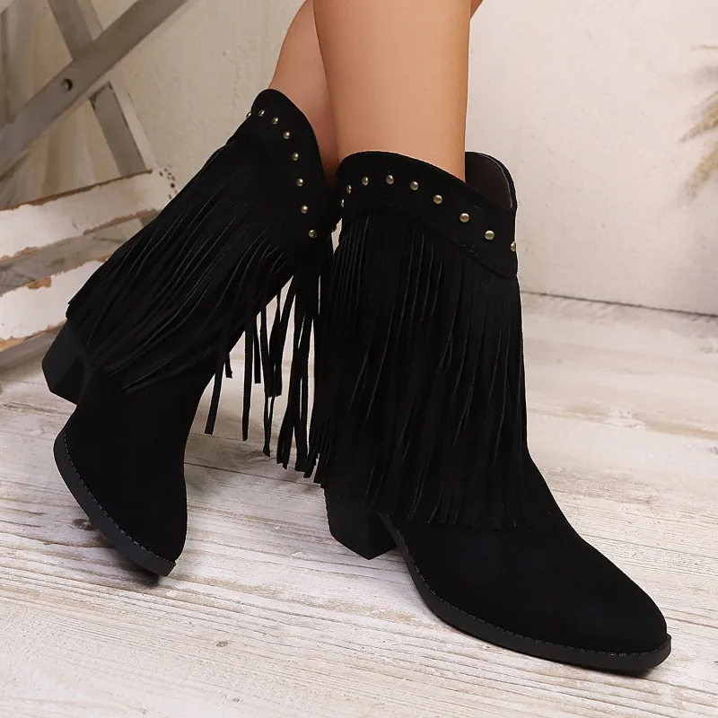 

Womens Mid-calf Boots Retro Suede Casual Boot Tassel Design Women Boots Classic Retro Western Cowboy Boots for Women Botas Mujer