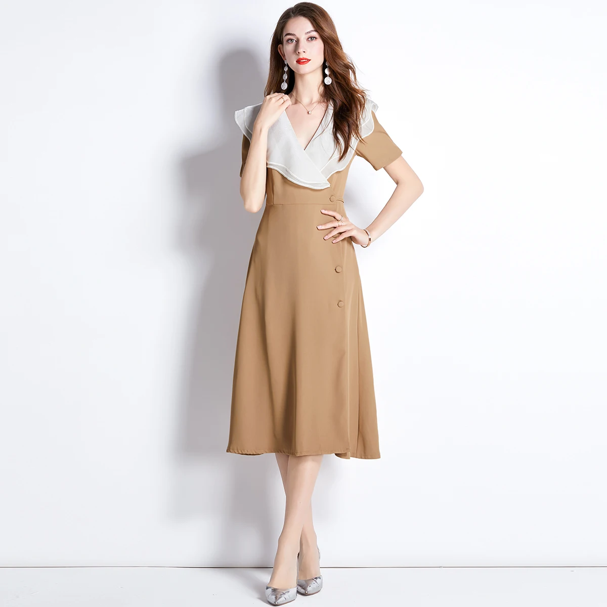 

High Quality 2023 New Female Double Layer Ruffled Collar Lacing Up Slim Waist Sundress Women Summer Vintage Long Wrapped Dress