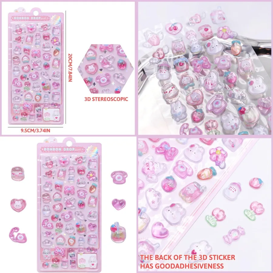 ملصقات منتفخة على شكل أرنب وردي لطيف ثلاثية الأبعاد - ملصقات كاواي صغيرة منتفخة قابلة لإعادة الاستخدام لسجلات القصاصات والمجلات وأجهزة الكمبيوتر المحمولة والهاتف C