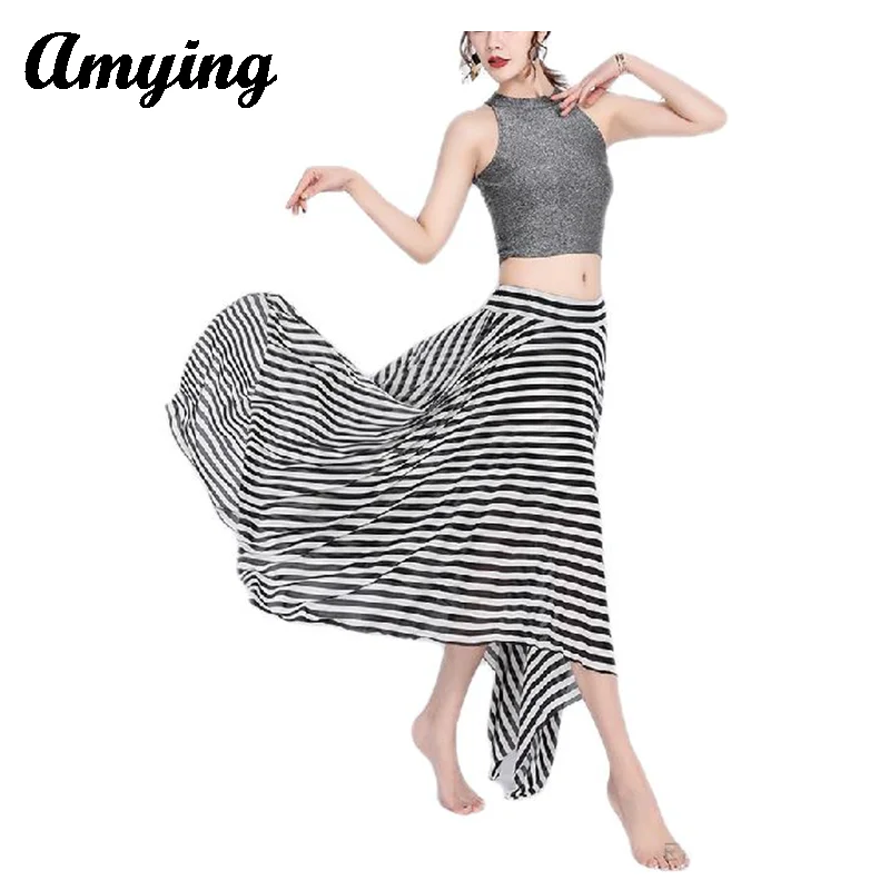 Women Belly Dance Costume Set Sexy Sleeveless Tops+Striped Long Dress Dance Modern Dance Performance Practice Training Suit