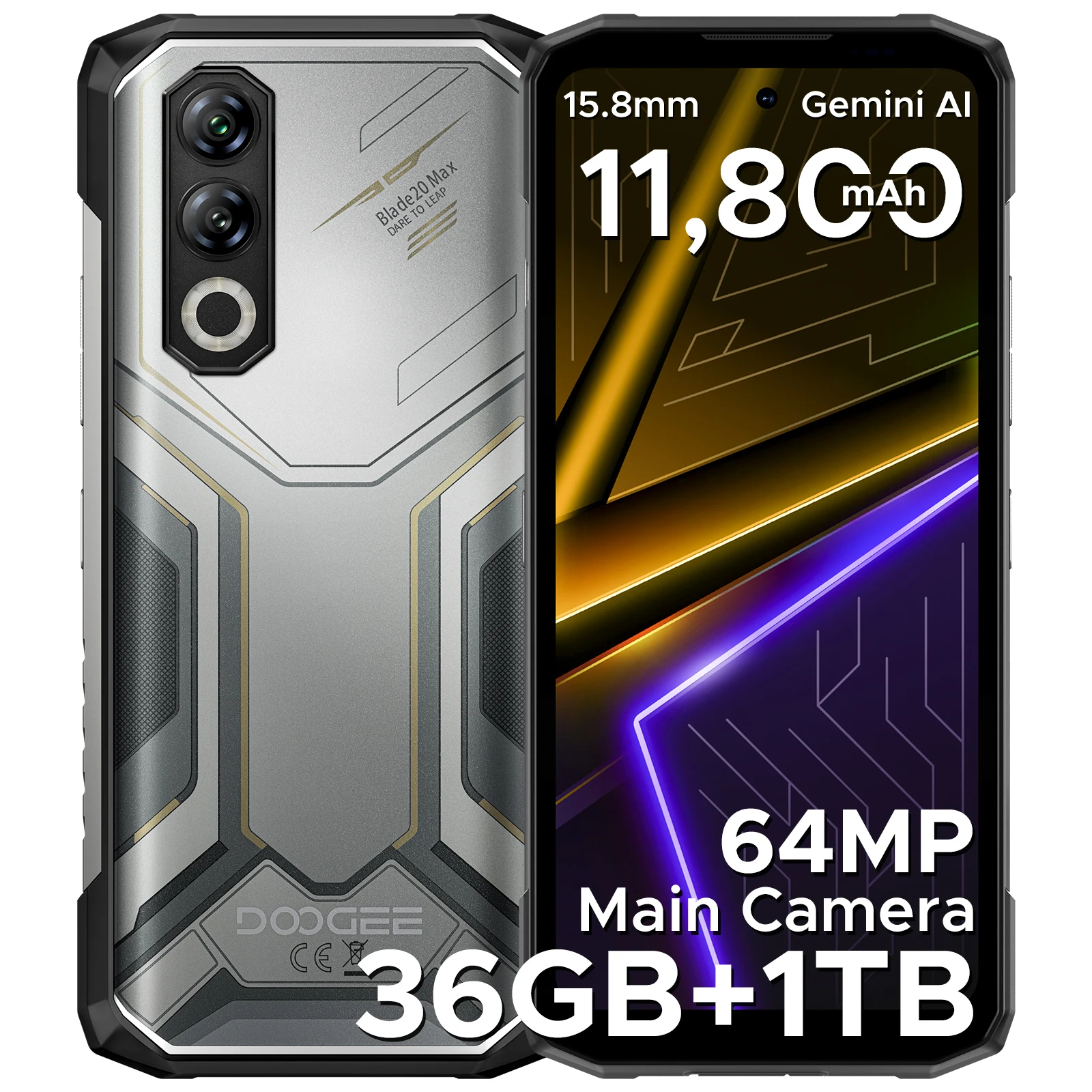 DOOGEE Blade20 Max Robuuste Telefoon 36GB (12GB + 24GB) RAM 1TB ROM 6,6'' Scherm 11800mAh Batterij 64MP AI Camera Android 15 Smartphone