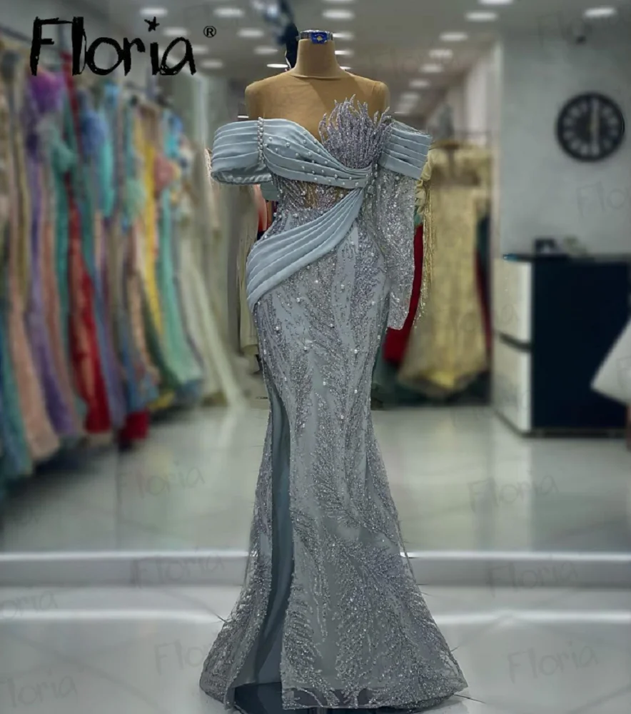 

New Pearls Grey Evening Dress Off Shoulder Mermaid Maxi Prom Gowns Dubai Wedding Party Dresses Dubai Vestidos De Fiesta 2023