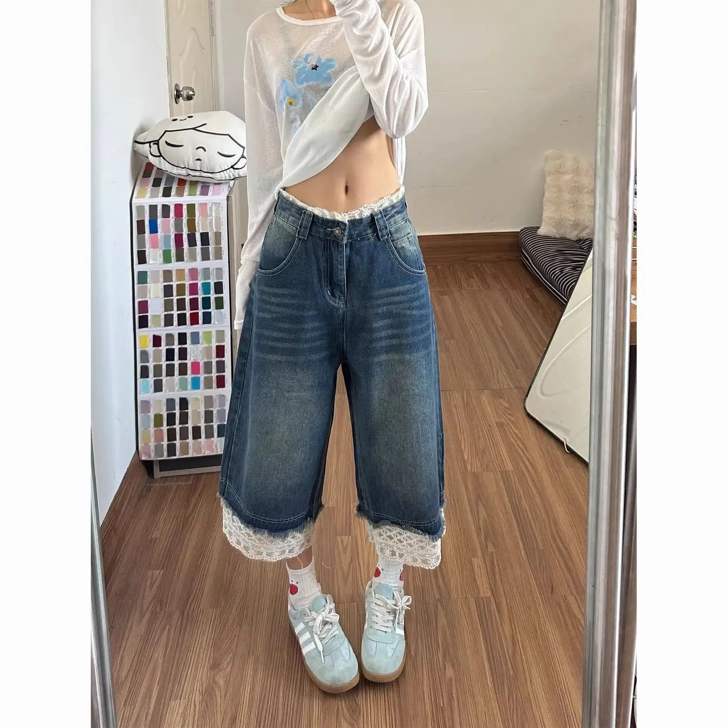 Washed Lace Spliced Denim Cropped Pants 2026 Summer New Design Loose Straight Wide-leg Pants Women