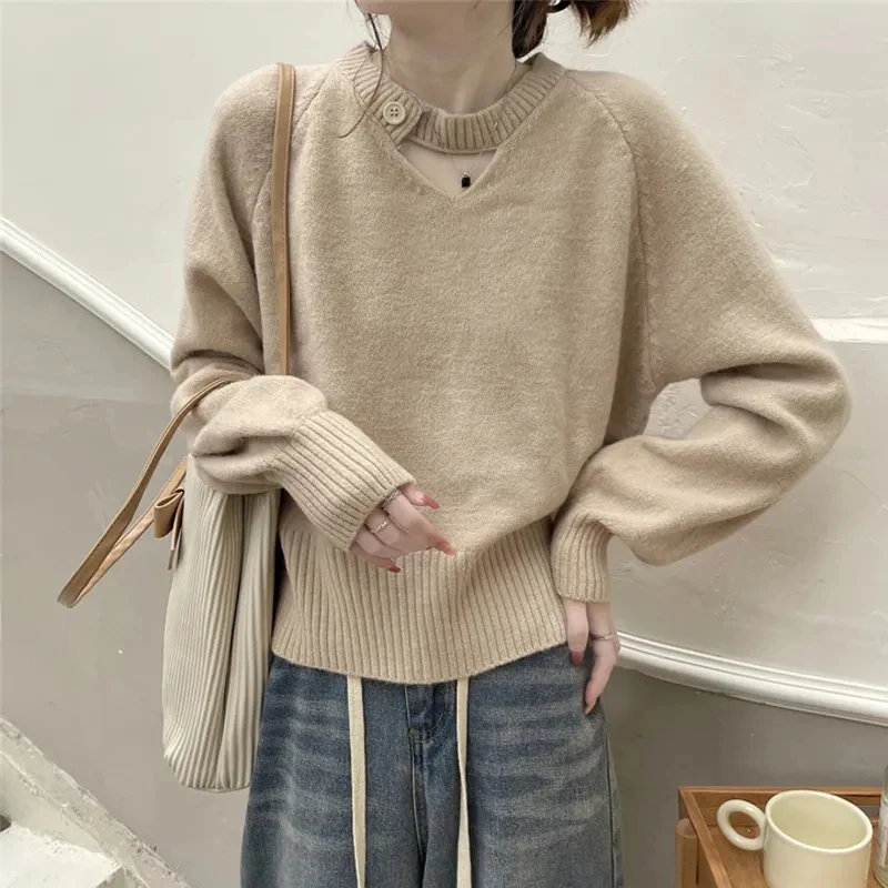 

Chic Hollow Out Knitted Sweaters Women Fall Solid Simple Long Sleeve Loose Pullovers Fashion Casual Sweet Female Bottoming Tops