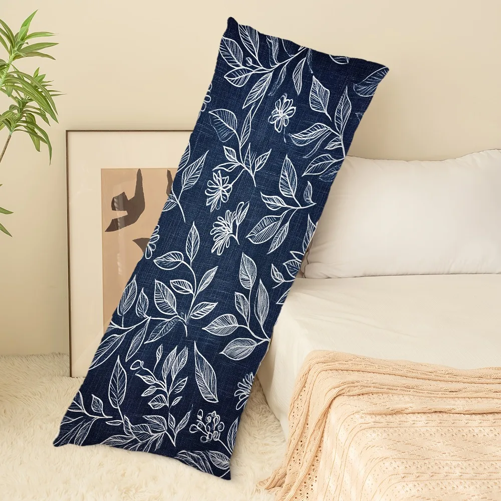 An Elegant Navy Blue Floral Printed Long Pillowcase - 20*54 Inches / 50×137 Cm - Made of 100% Polyester, Featuring a Zipper Clos
